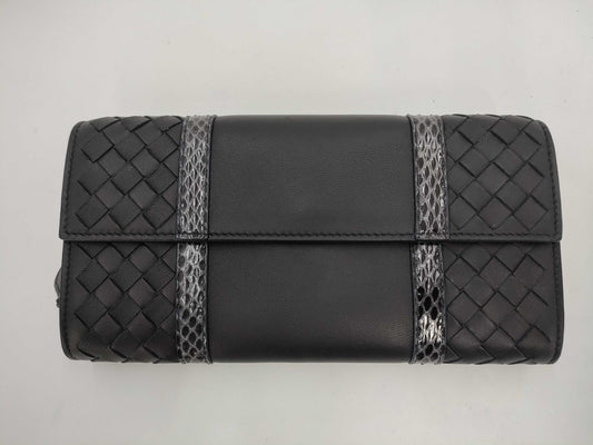 (10461_0267)▼BOTTEGA VENETA Intrecciato Flap Leather x Python Long Wallet Wallet