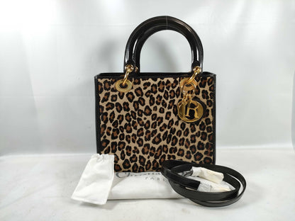 Dior Lady Dior Leopard Print Leather 2-Way Handbag