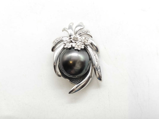 Semi-Round Black South Sea Pearl, Diameter: Approx. 14.7mm, D0.11ct, PT900, 13.8g, Pendant Top 