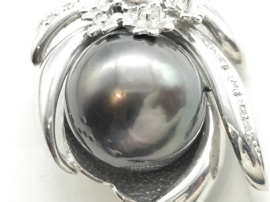 Semi-Round Black South Sea Pearl, Diameter: Approx. 14.7mm, D0.11ct, PT900, 13.8g, Pendant Top 