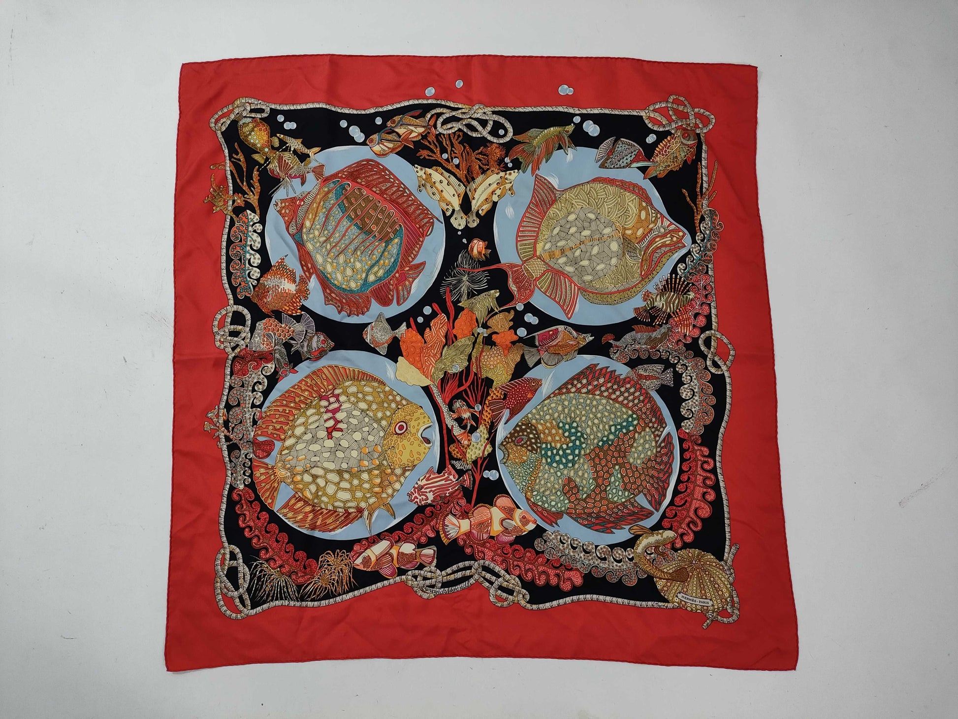 HERMES Carre Deep Sea Fish Red Scarf