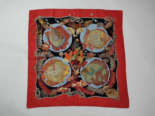 HERMES Carre Deep Sea Fish Red Scarf