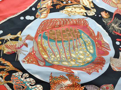HERMES Carre Deep Sea Fish Red Scarf