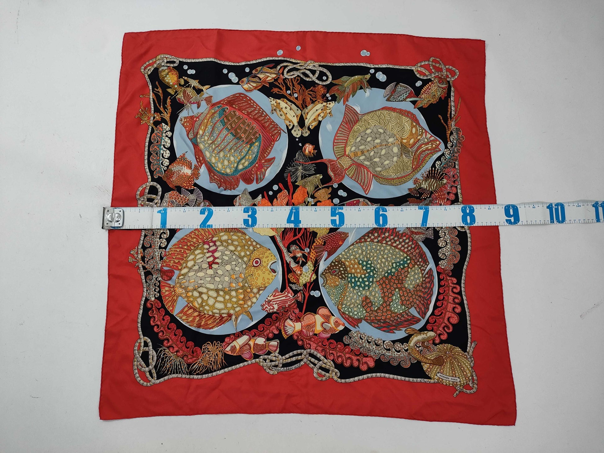 HERMES Carre Deep Sea Fish Red Scarf