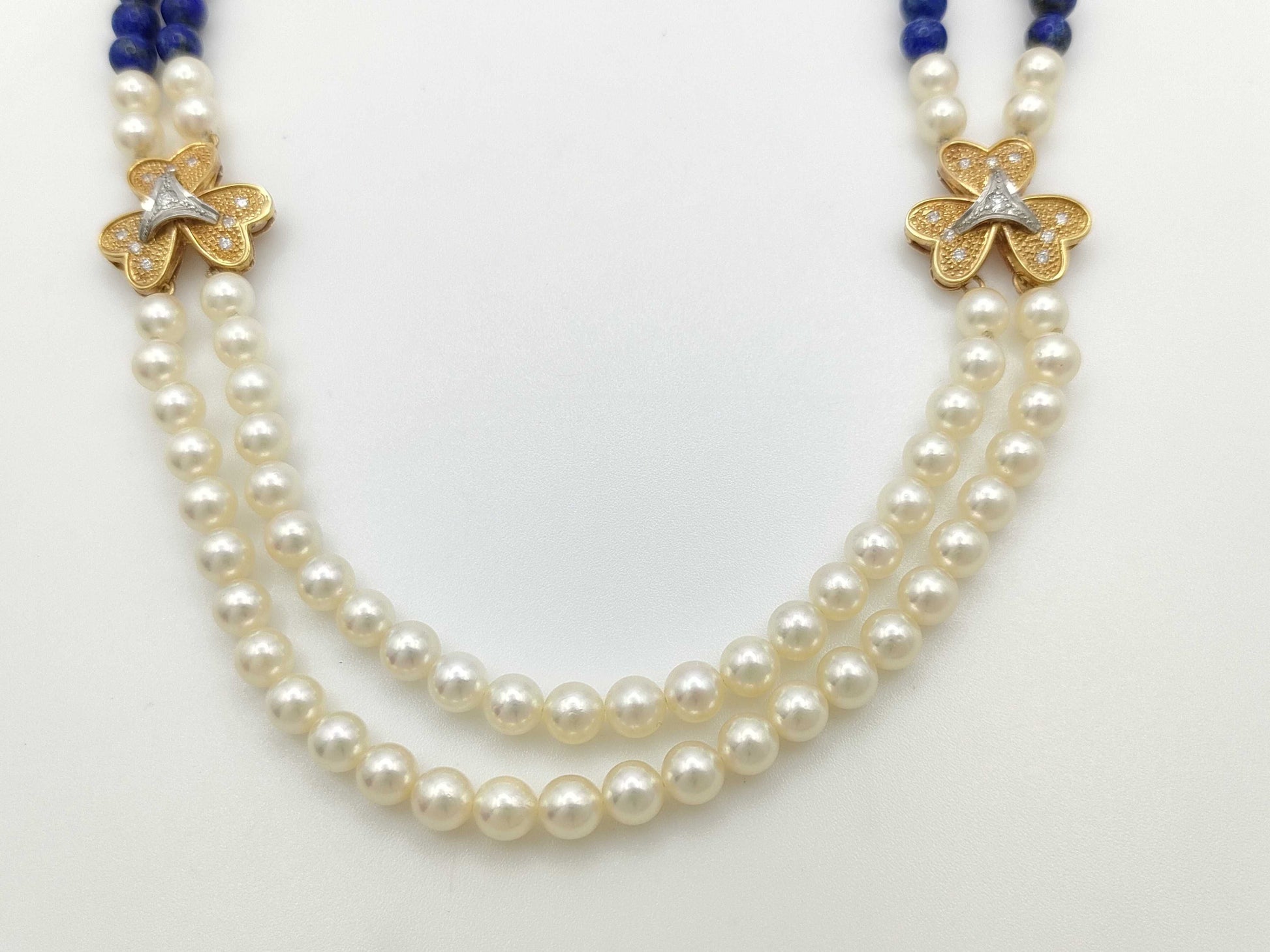 Lapis Lazuli Pearl Necklace, Diameter Approx. 5.0mm-5.4mm, Diamond, K18/Pt900/K14, 41.8g 