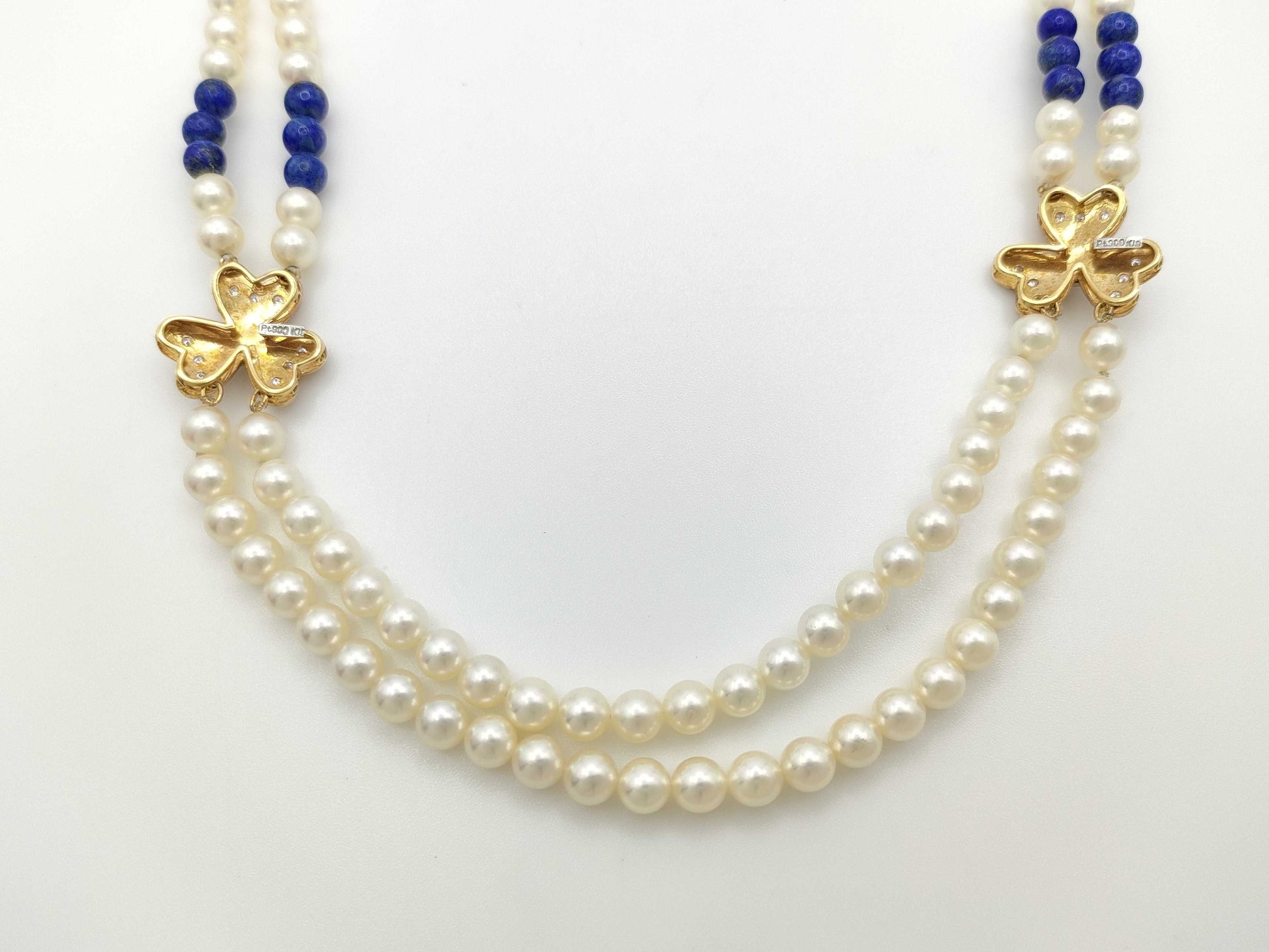 Lapis Lazuli Pearl Necklace, Diameter Approx. 5.0mm-5.4mm, Diamond, K18/Pt900/K14, 41.8g 