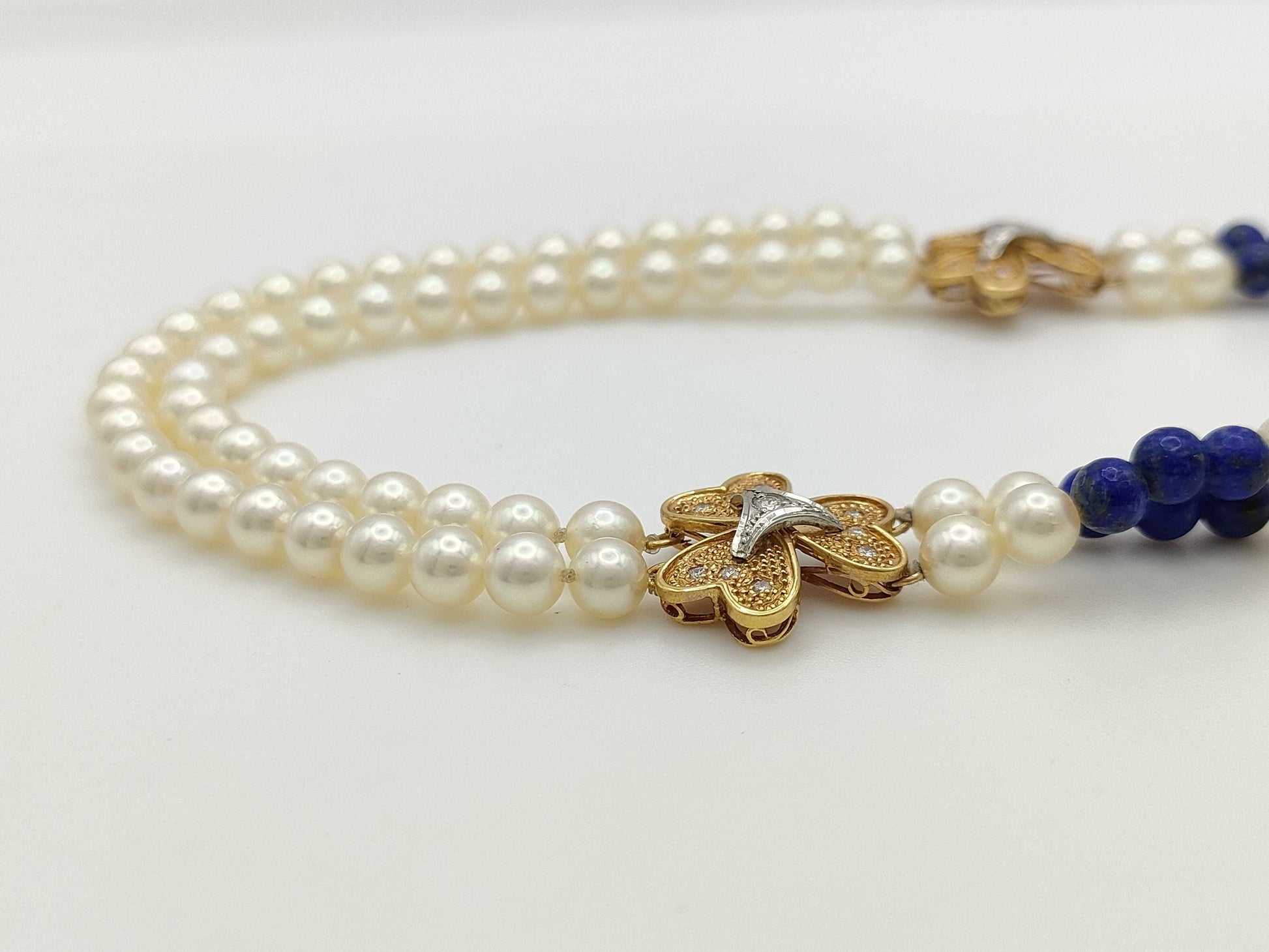 Lapis Lazuli Pearl Necklace, Diameter Approx. 5.0mm-5.4mm, Diamond, K18/Pt900/K14, 41.8g 