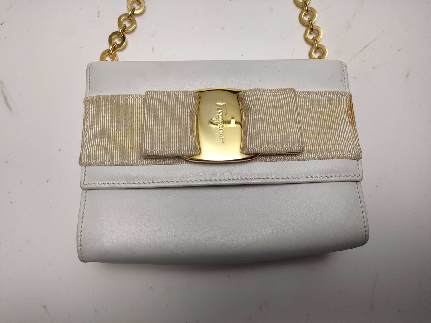 Salvatore Ferragamo Leather Ribbon 2-Way White Shoulder Bag