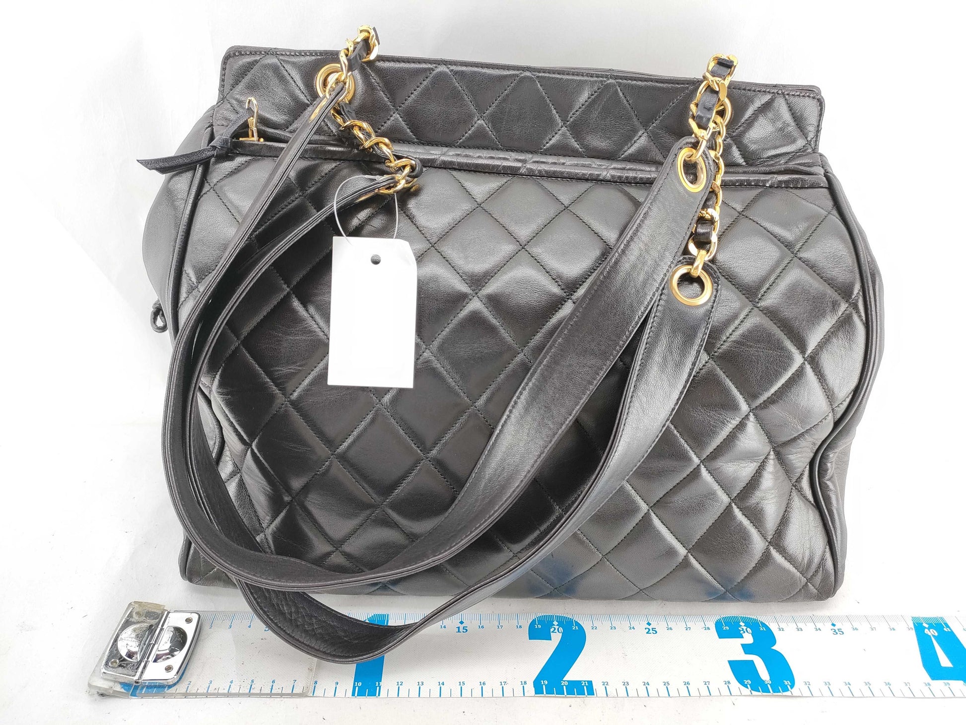 CHANEL Lambskin Chain Tote Bag, Black, Ball Charm, No. 3