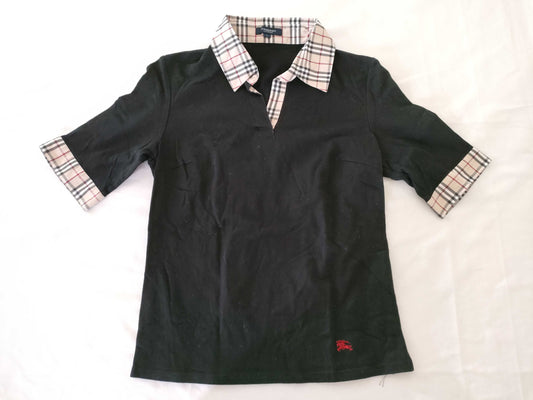 BURBERRY Short Sleeve T-Shirt / Collar and Sleeve Nova Check / Black T-Shirt