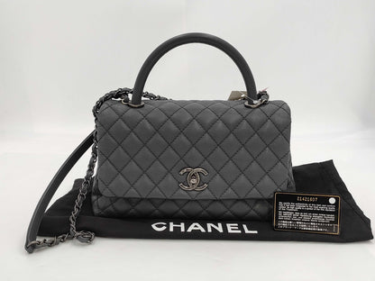 CHANEL Caviar Skin Top Handle Caviar Skin Turnlock Shoulder Bag