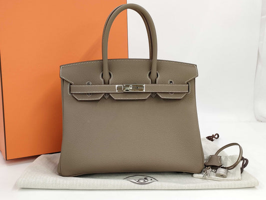 HERMES Birkin 30 Etoupe Silver Hardware Togo K Stamp Handbag