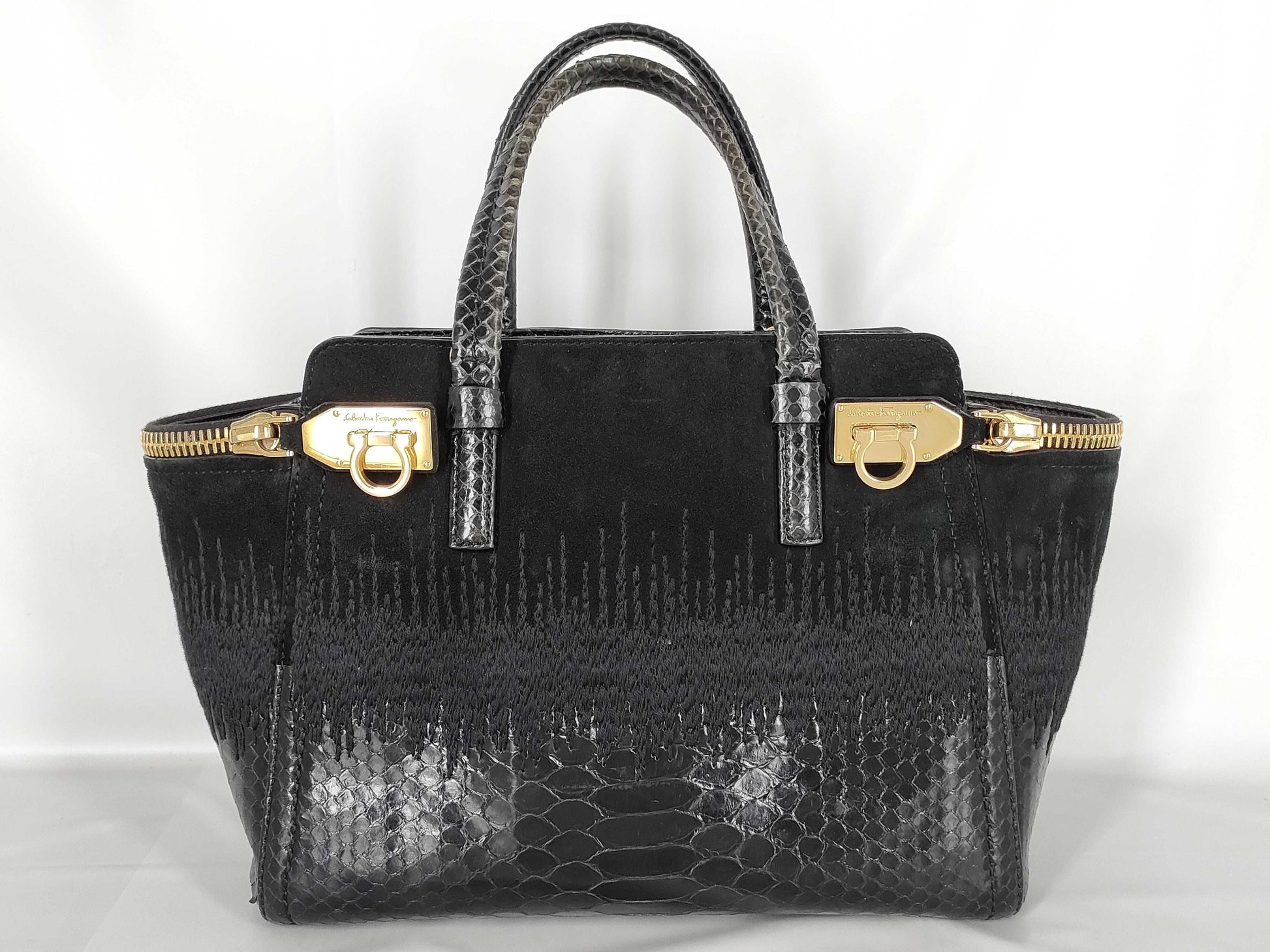 Salvatore Ferragamo Gancini Python/Suede Handbag