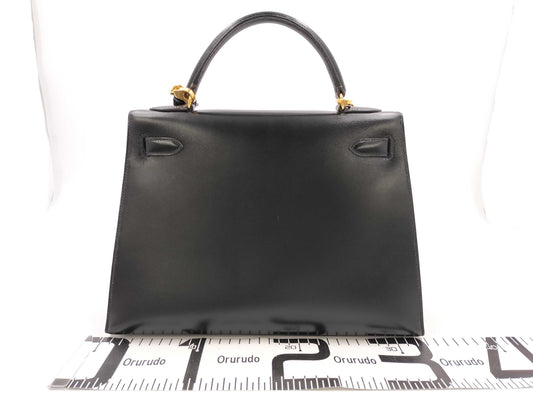 HERMES Kelly Kelly 32 Black Box Calf Leather Handbag with Gold Hardware and V Stamp