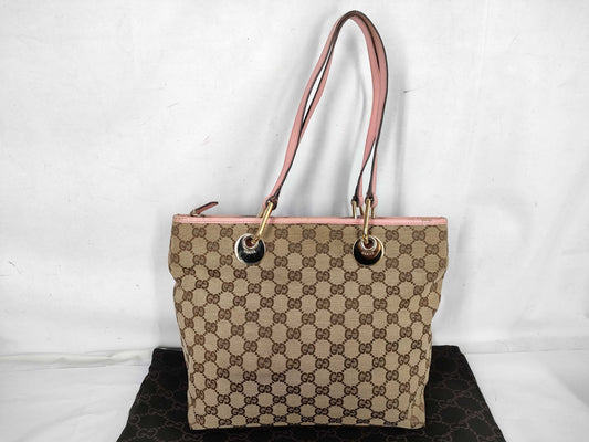 GUCCI GG Canvas 139552 Pink x Leather Tote Bag