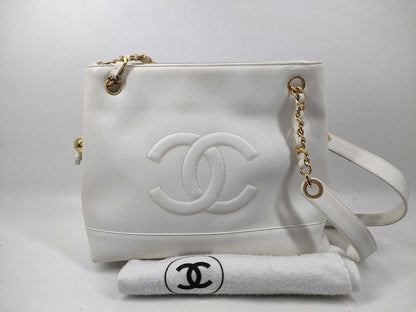 CHANEL Caviar Skin CC Chain Shoulder Bag White G Hardware Tote Bag