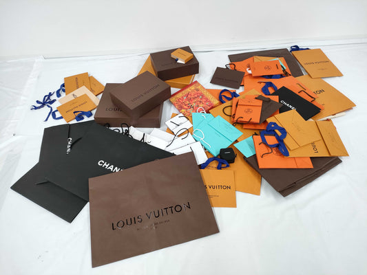 Louis Vuitton, Chanel, Hermes paper bags and boxes. Empty brand boxes. Empty brand boxes.