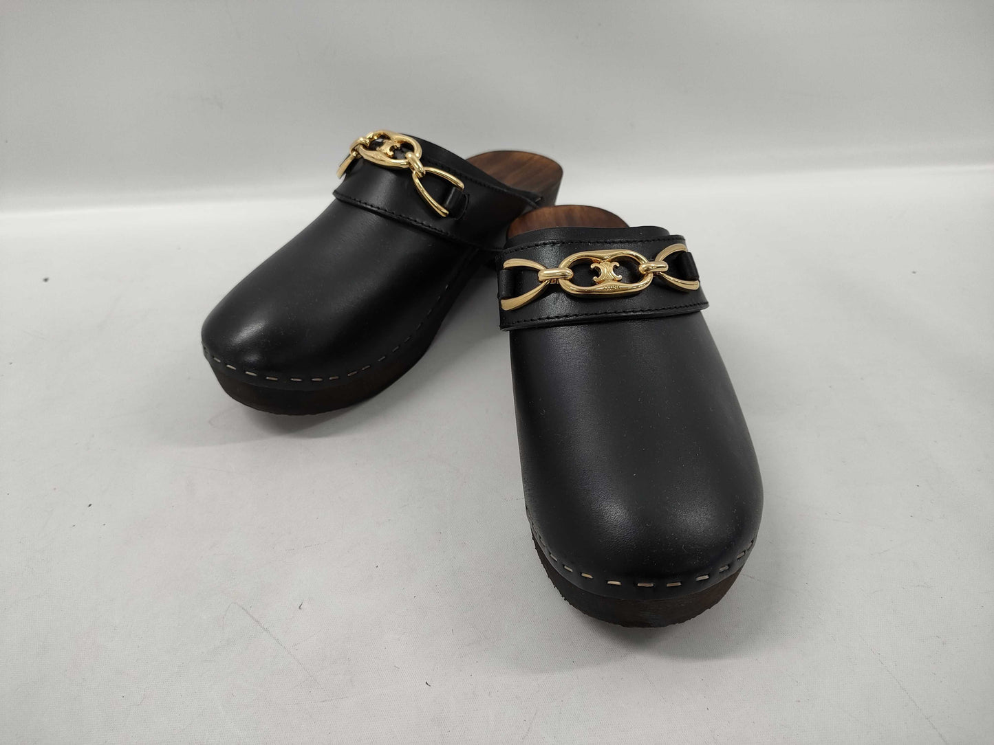 CELINE Triomphe Clog Sandals in Black with Gold Hardware