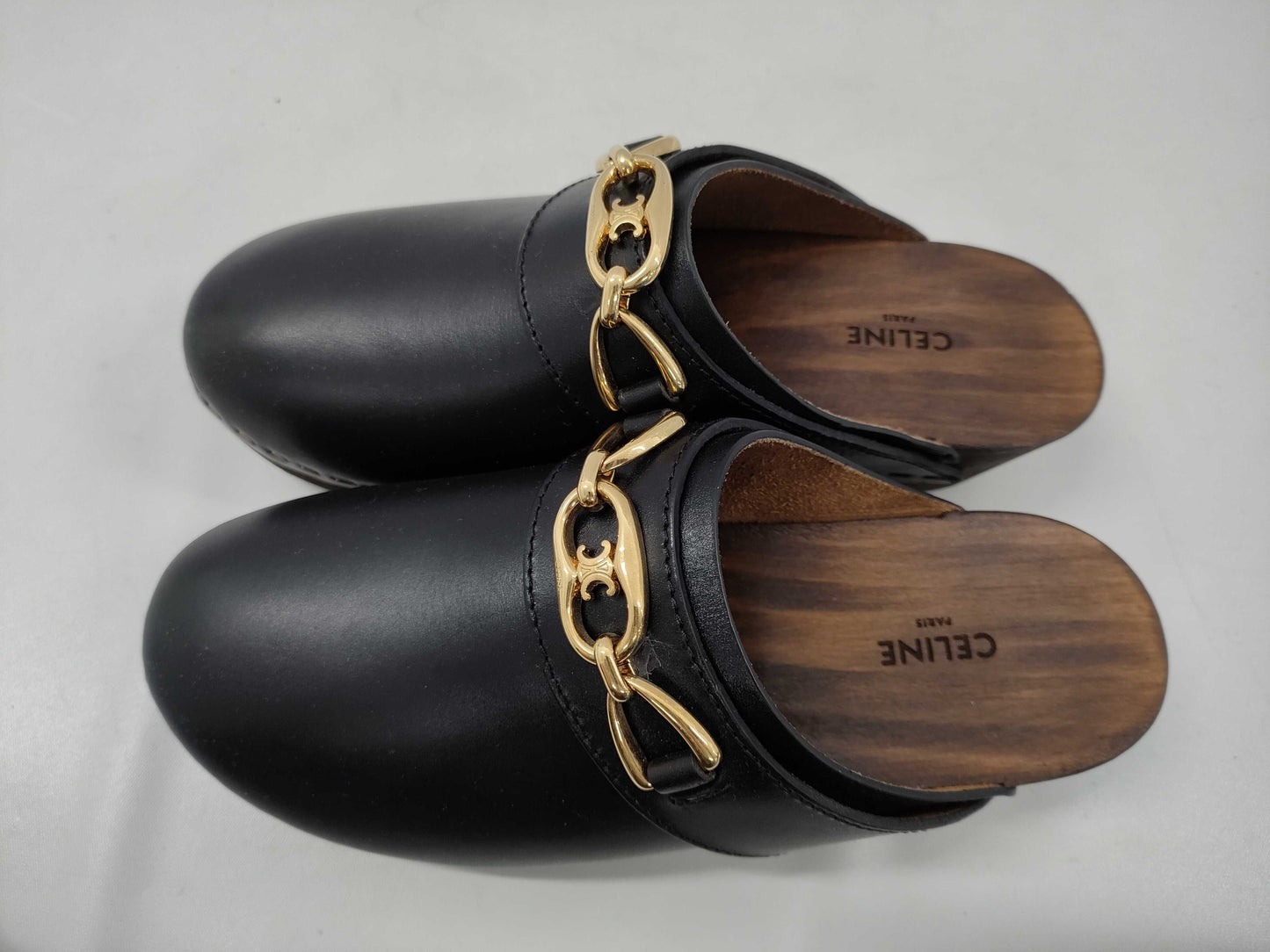 CELINE Triomphe Clog Sandals in Black with Gold Hardware