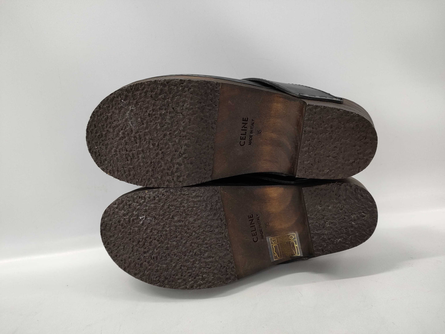 CELINE Triomphe Clog Sandals in Black with Gold Hardware