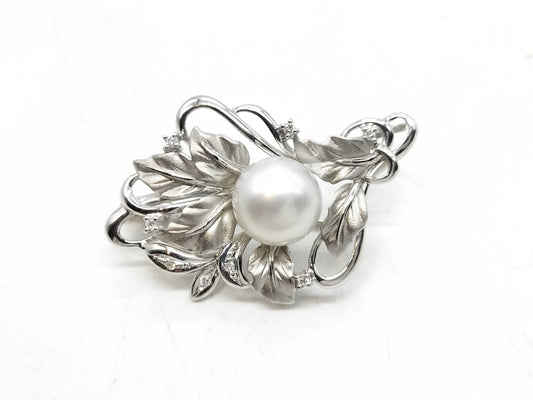 Pearl, Diameter: Approx. 10.2mm, D0.08ct, 14K White Gold, 8.3g, Brooch 