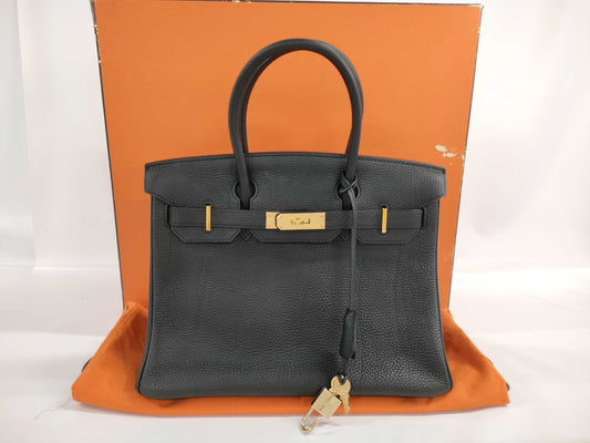 HERMES Birkin 30 Togo GD Hardware Black/Black H Engraved Handbag