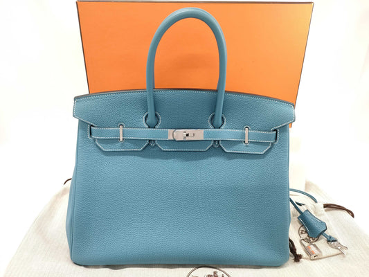 HERMES Birkin 35 Blue Jean Handbag with Silver Hardware