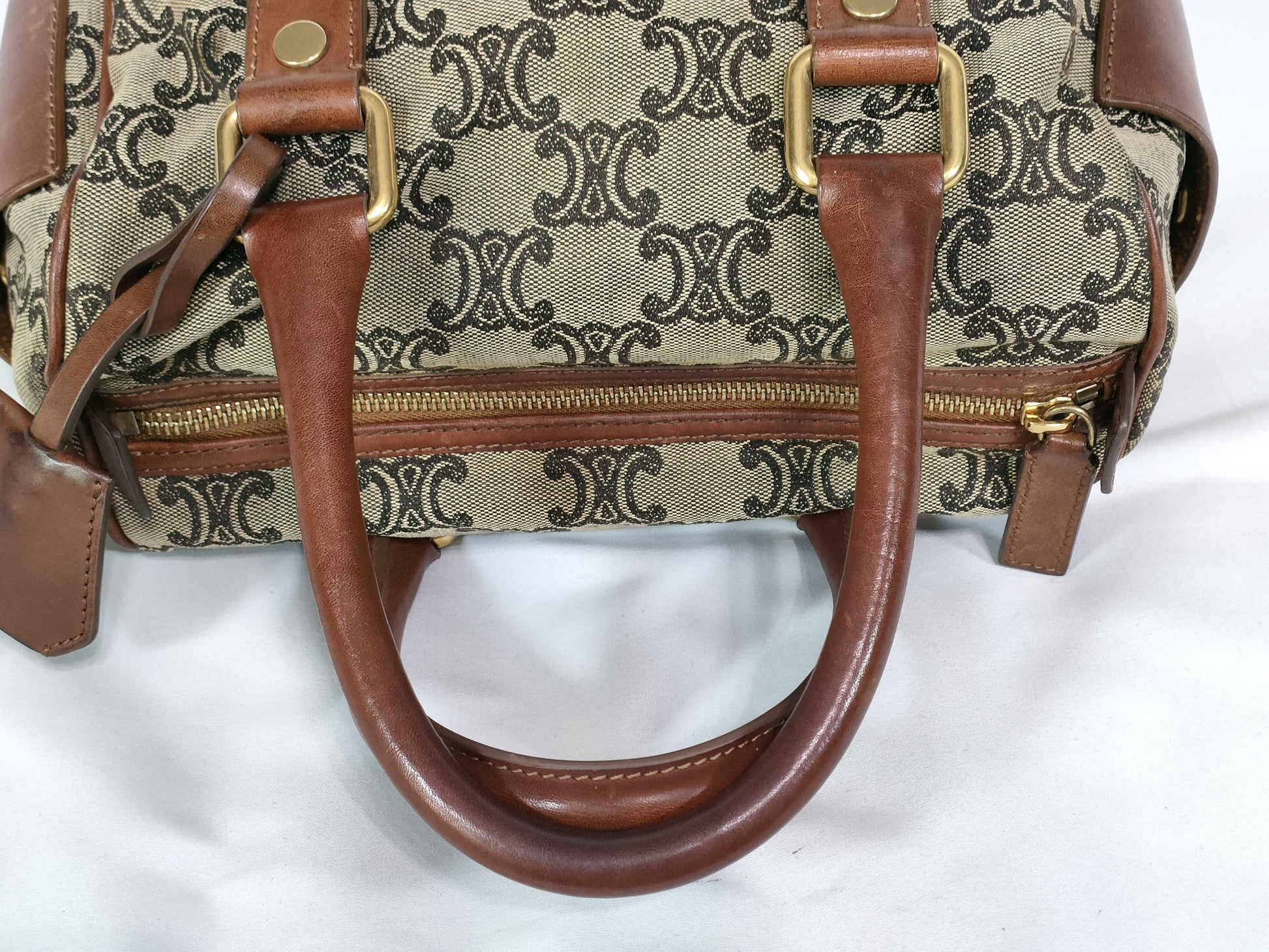 CELINE Mini Boston Bag Macadam Triomphe Logo Canvas and Leather Boston Bag