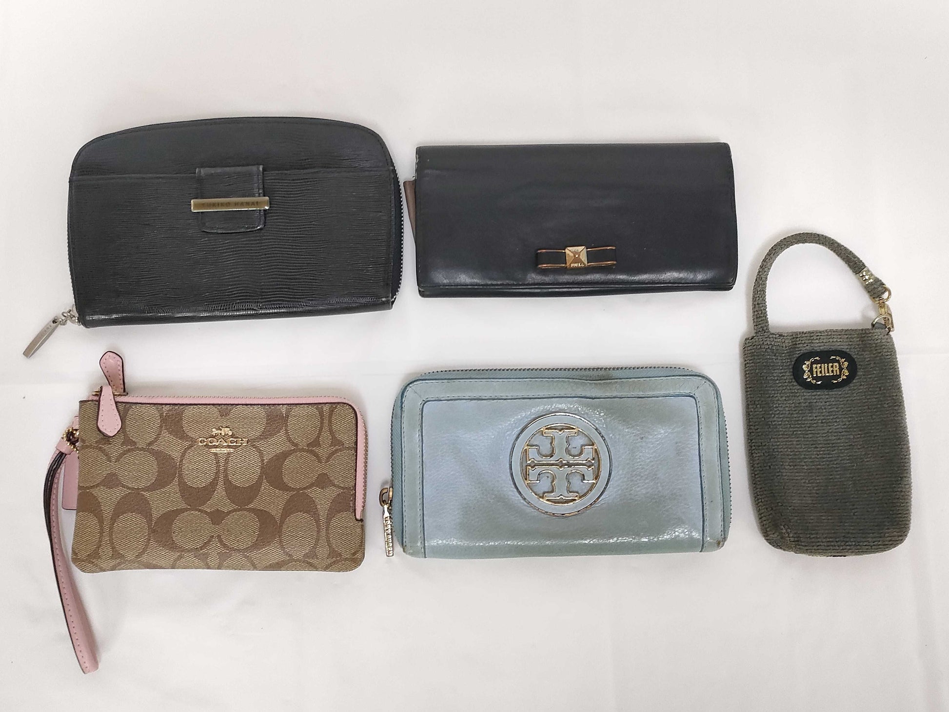 5-piece clothing accessory set including wallets from Feiler, Tory Burch, Furla, Coach, etc.
