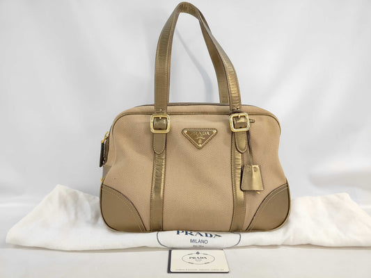 PRADA Canvas/Leather Logo Shoulder Bag with Stain