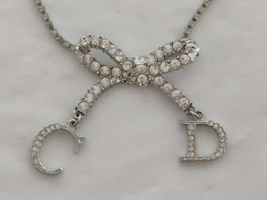 Dior Ribbon Rhinestone Necklace Silver Color Necklace