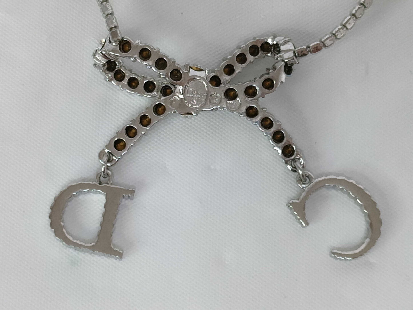 Dior Ribbon Rhinestone Necklace Silver Color Necklace