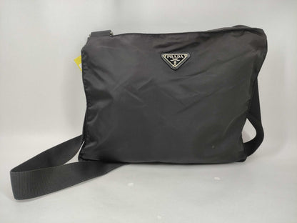 PRADA Nylon Shoulder Bag with Logo Plate, Black Shoulder Bag