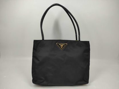 PRADA Nylon Leather Accessory Triangle Tote Bag in Black and Gold
