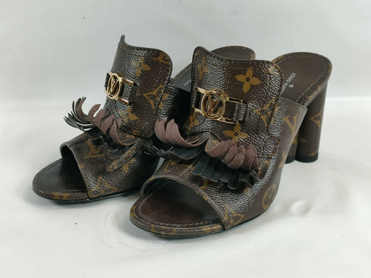 LOUIS VUITTON Monogram Indiana Line Mules Fringe Size 36 Sandals