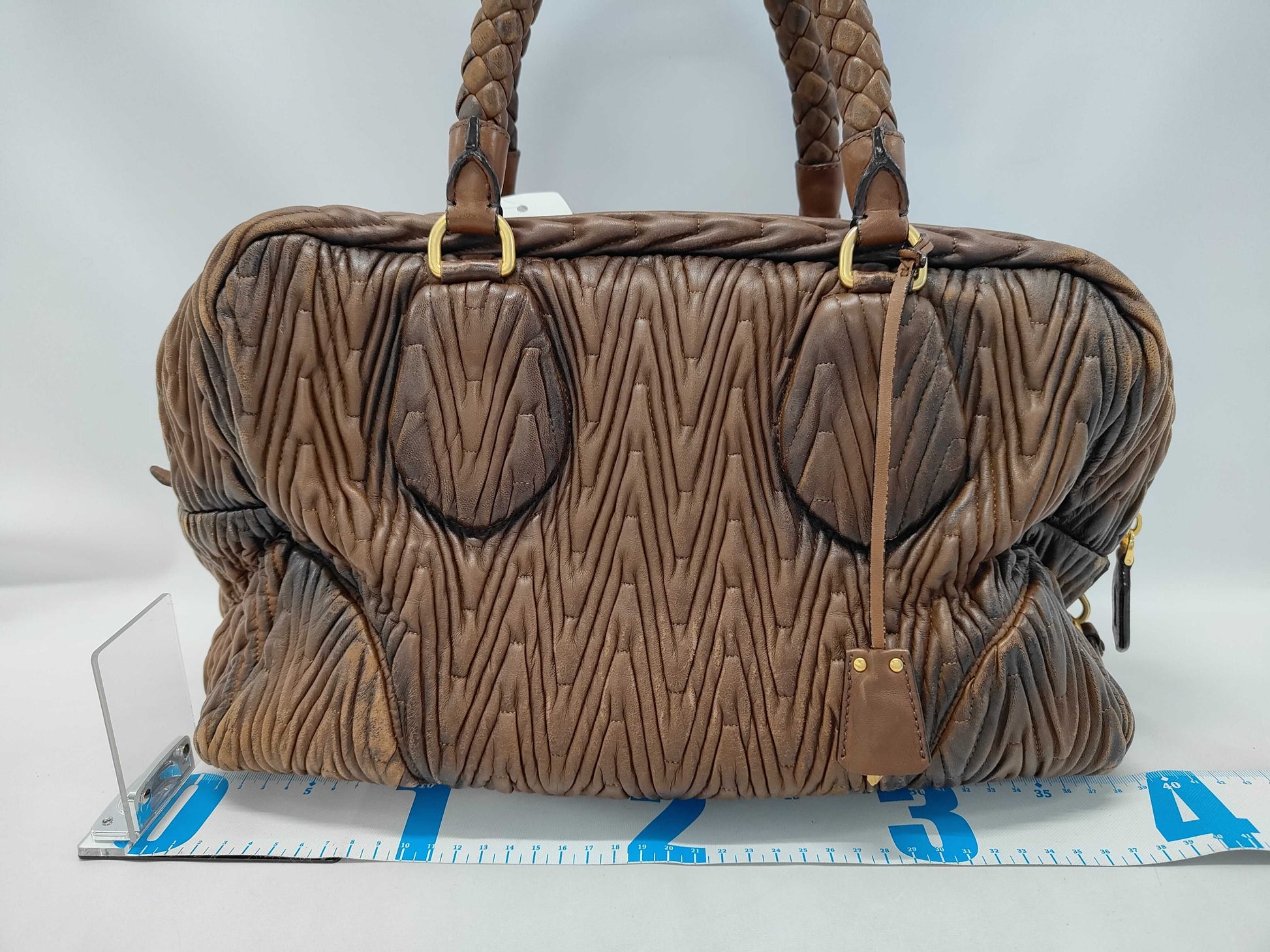 PRADA Quilted Woven Mini Boston Handbag